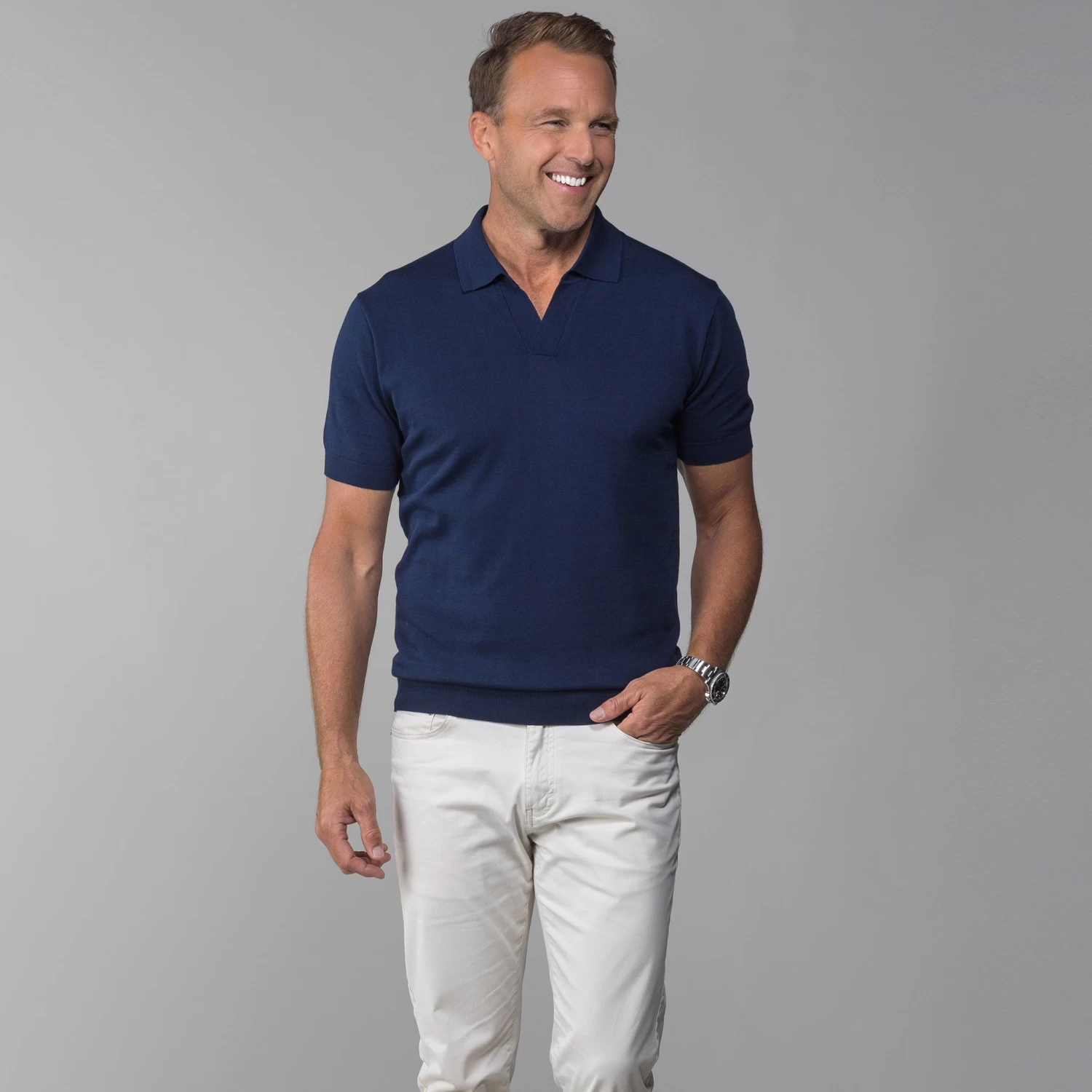 The Maranello Cotton & Silk Buttonless Polo Navy - Tailored Fit - Image 3