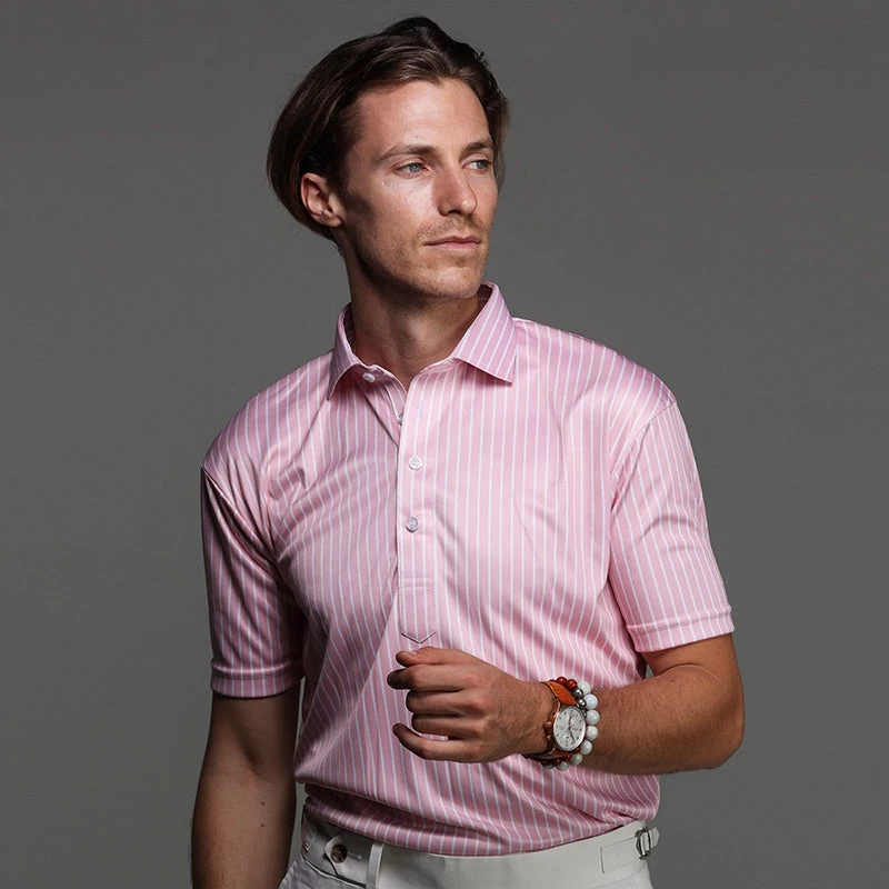 Semi-Spread Collar Polo Saint-Tropez Pink With White Stripe - Image 6