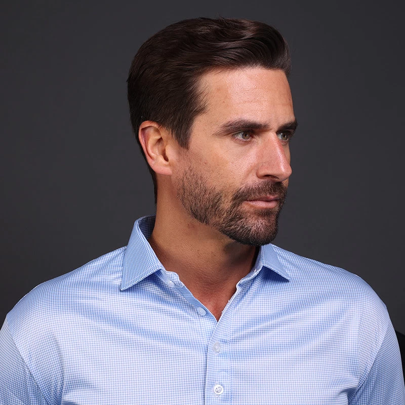 Semi-Spread Collar Polo Long Sleeve Blue Houndstooth - Image 3