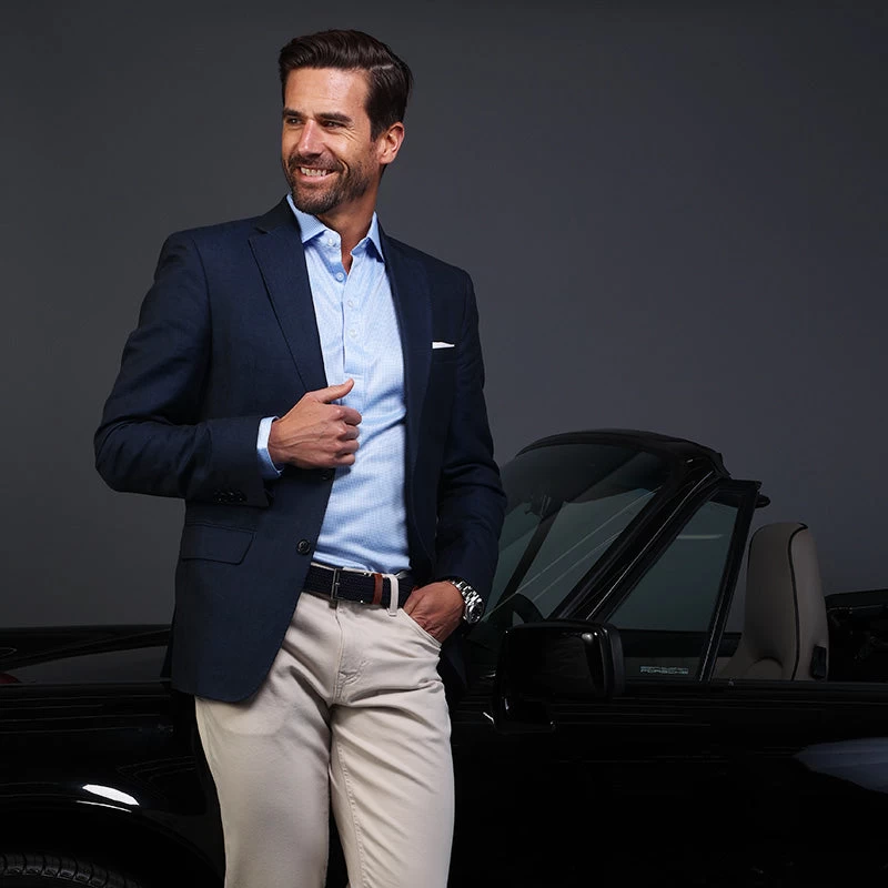 Semi-Spread Collar Polo Long Sleeve Blue Houndstooth - Image 4