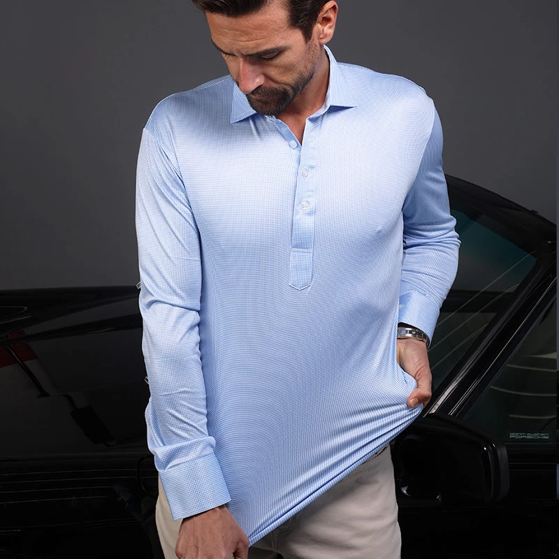 Semi-Spread Collar Polo Long Sleeve Blue Houndstooth - Image 5