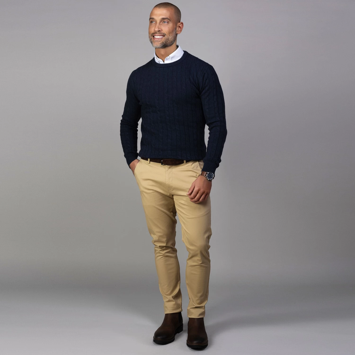Navy Kensington Cable Knit Crew Neck Sweater - Image 3