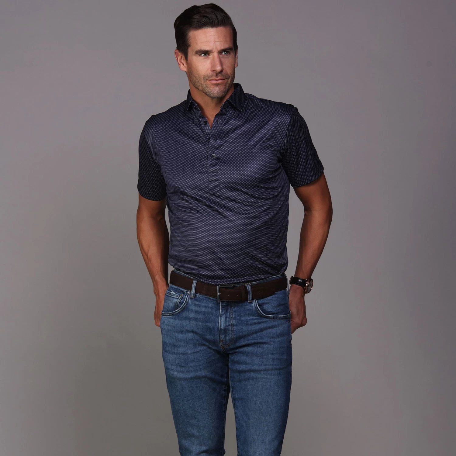 Semi-Spread Collar Polo Midnight Micro Dot - Image 3