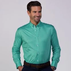Quattro Flex Dress Shirt With Button Down Collar Green Gingham