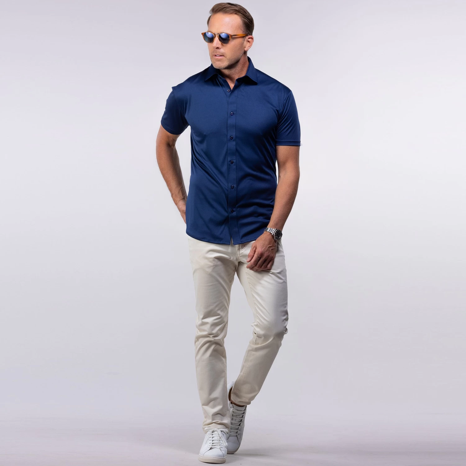 Quattro Flex Short Sleeve Button Down Navy - Image 3