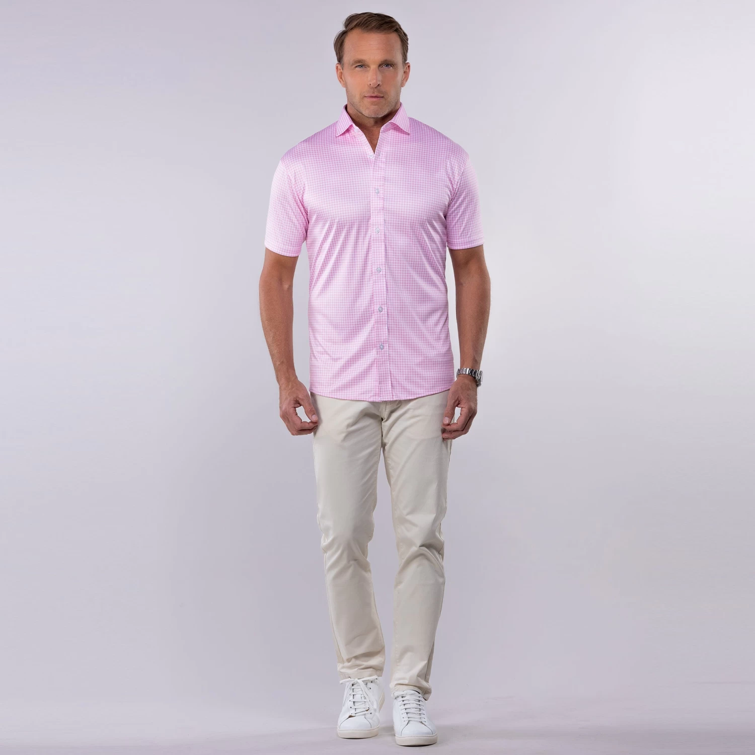 Quattro Flex Short Sleeve Button Down Pink Gingham - Image 4