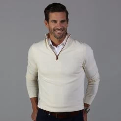 Cream With Brown Suede Trim Luxury Touch Cotton And Cashmere Quarter Zip Sweater