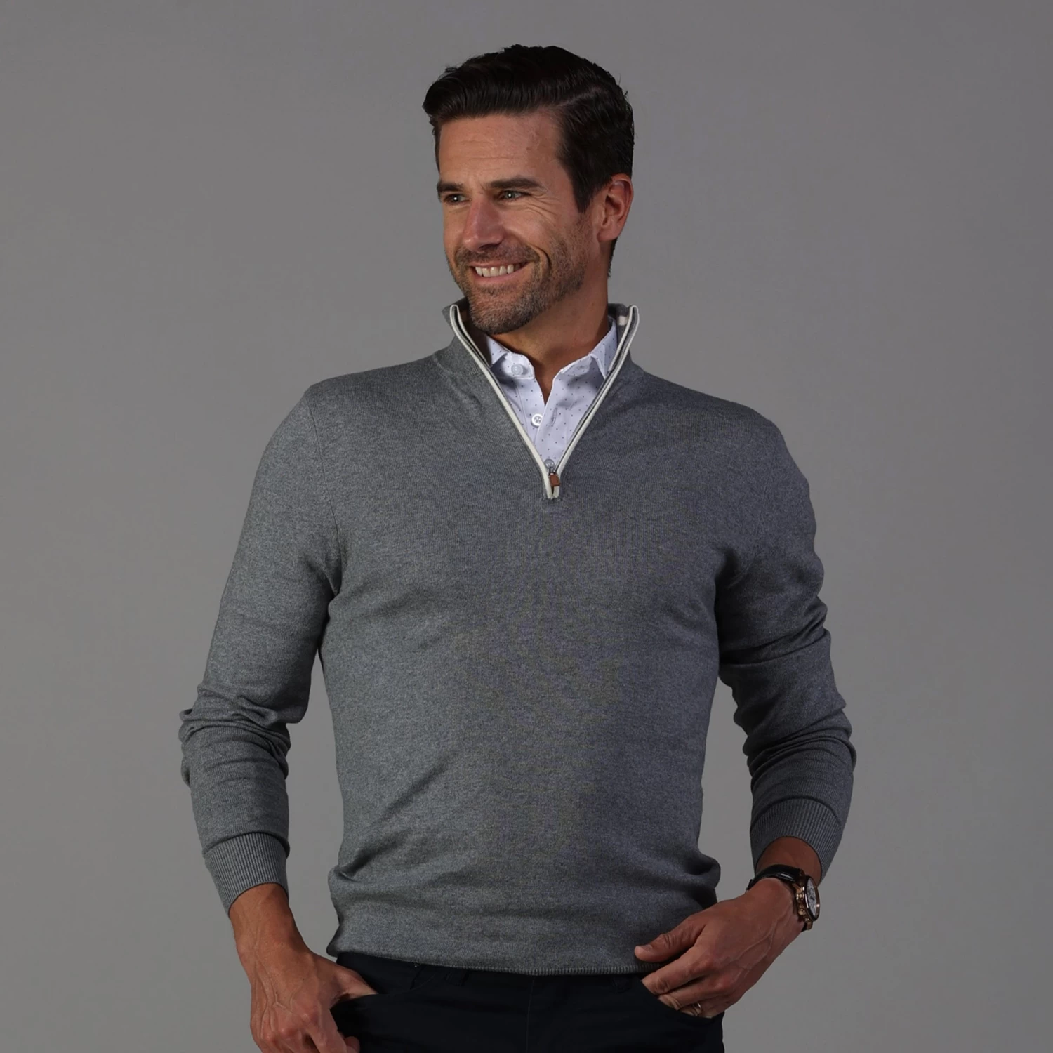 Grey With White Trim Luxury Touch Cotton And Cashmere Quarter Zip Sweater