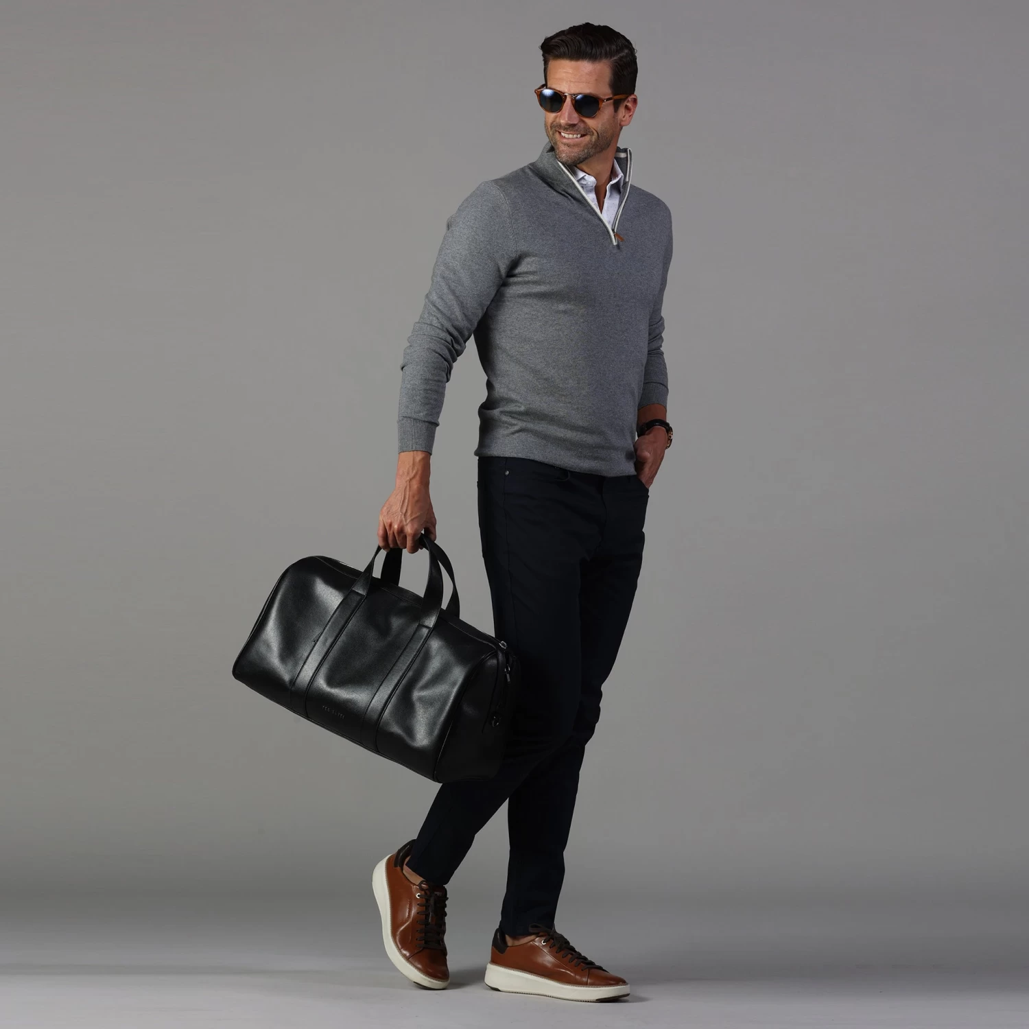 Grey With White Trim Luxury Touch Cotton And Cashmere Quarter Zip Sweater - Image 5