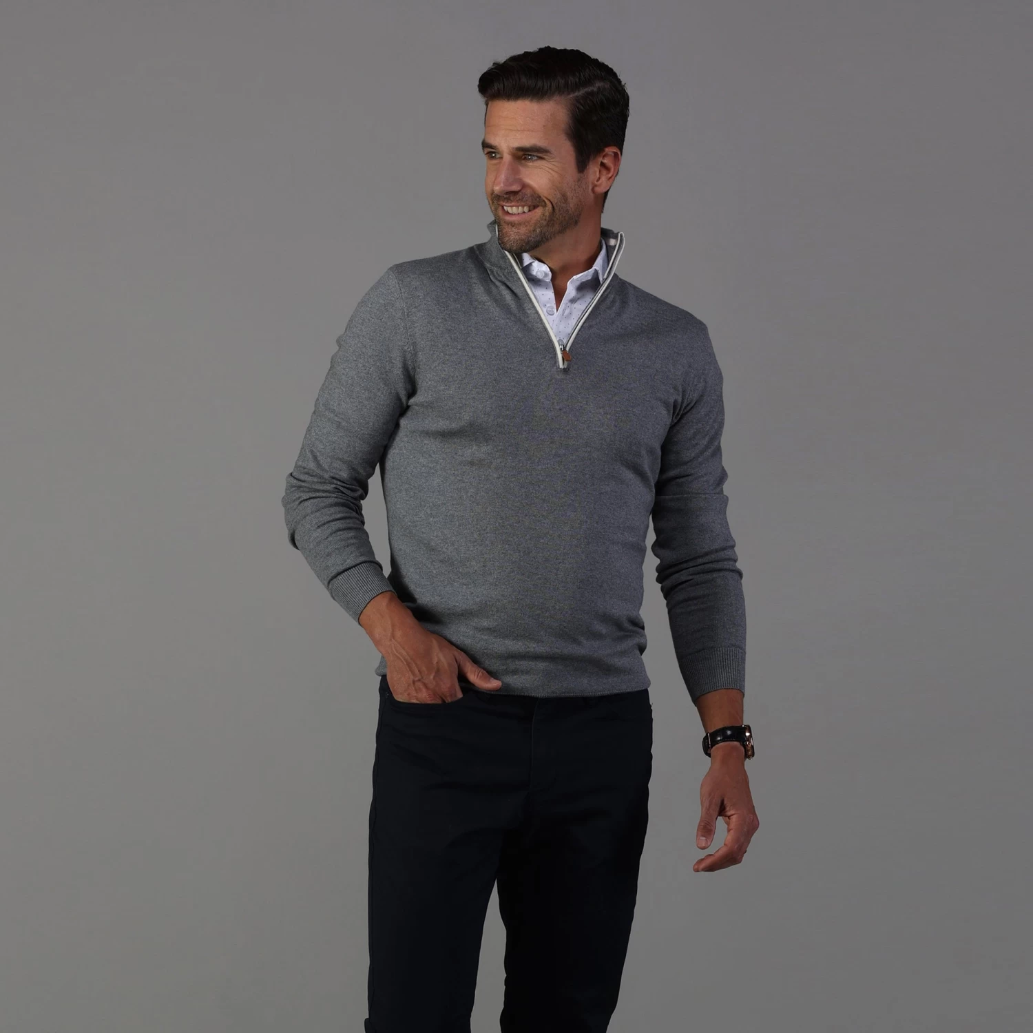 Grey With White Trim Luxury Touch Cotton And Cashmere Quarter Zip Sweater - Image 3