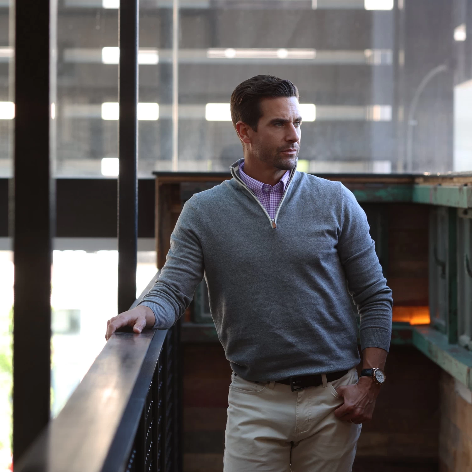 Grey With White Trim Luxury Touch Cotton And Cashmere Quarter Zip Sweater - Image 6