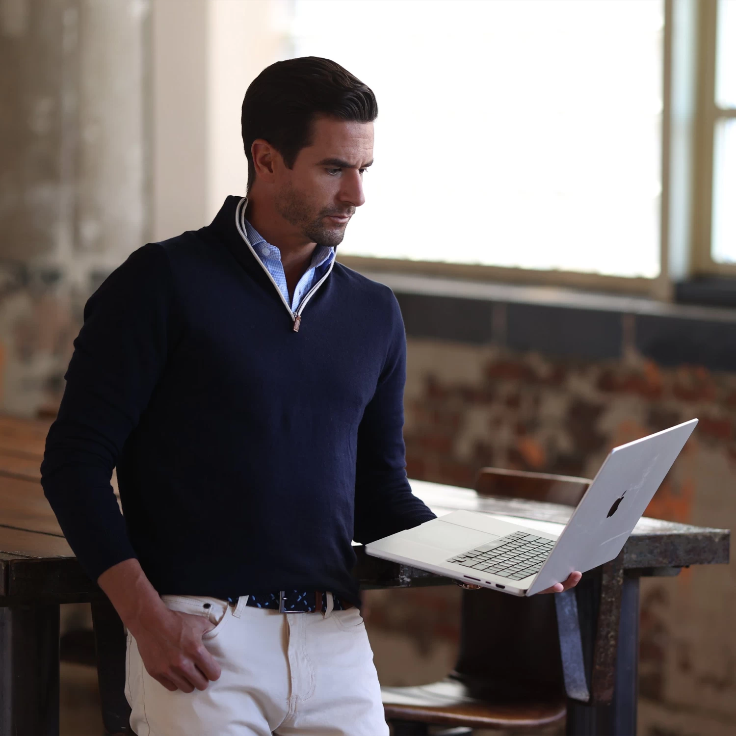 Navy With White Trim Luxury Touch Cotton And Cashmere Quarter Zip Sweater - Image 5