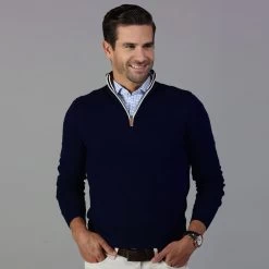 Navy With White Trim Luxury Touch Cotton And Cashmere Quarter Zip Sweater