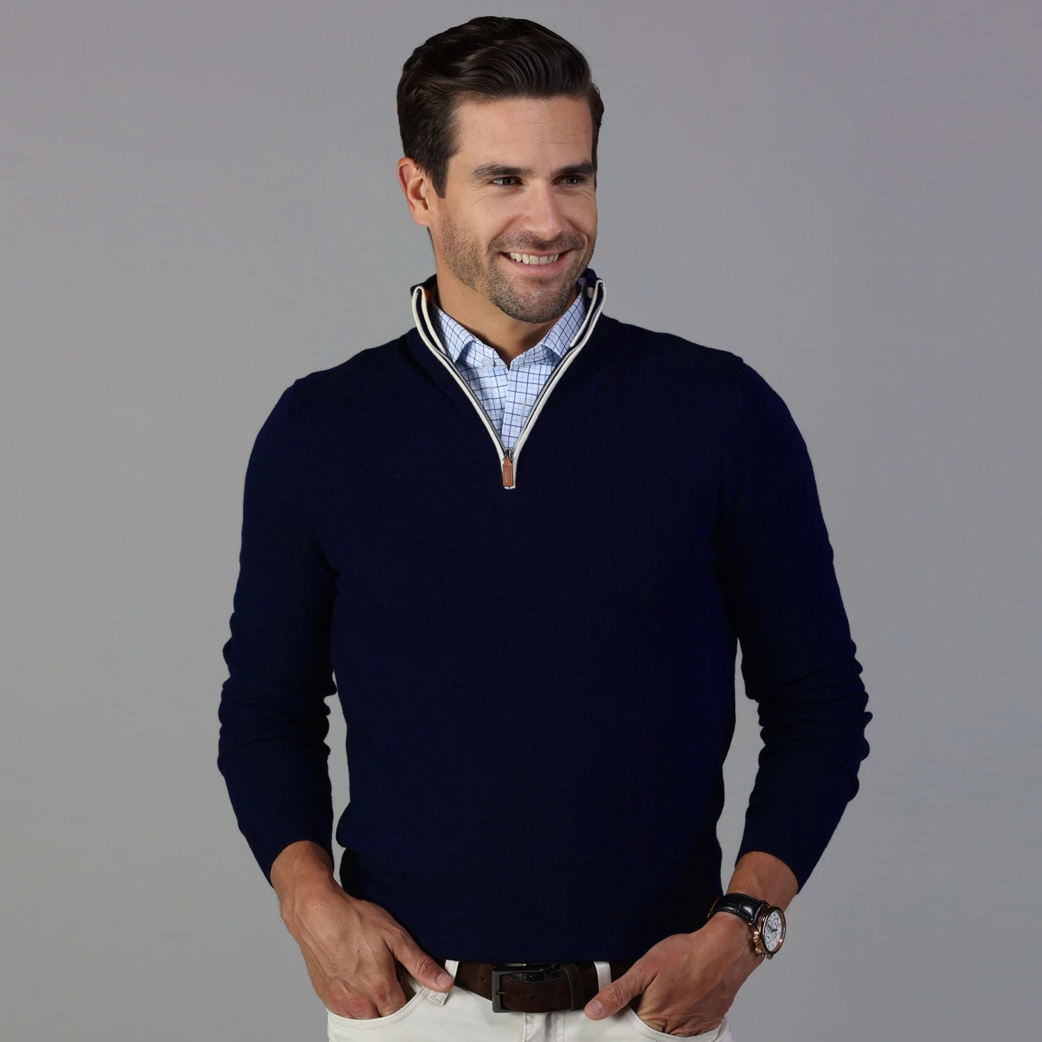 Navy With White Trim Luxury Touch Cotton And Cashmere Quarter Zip Sweater