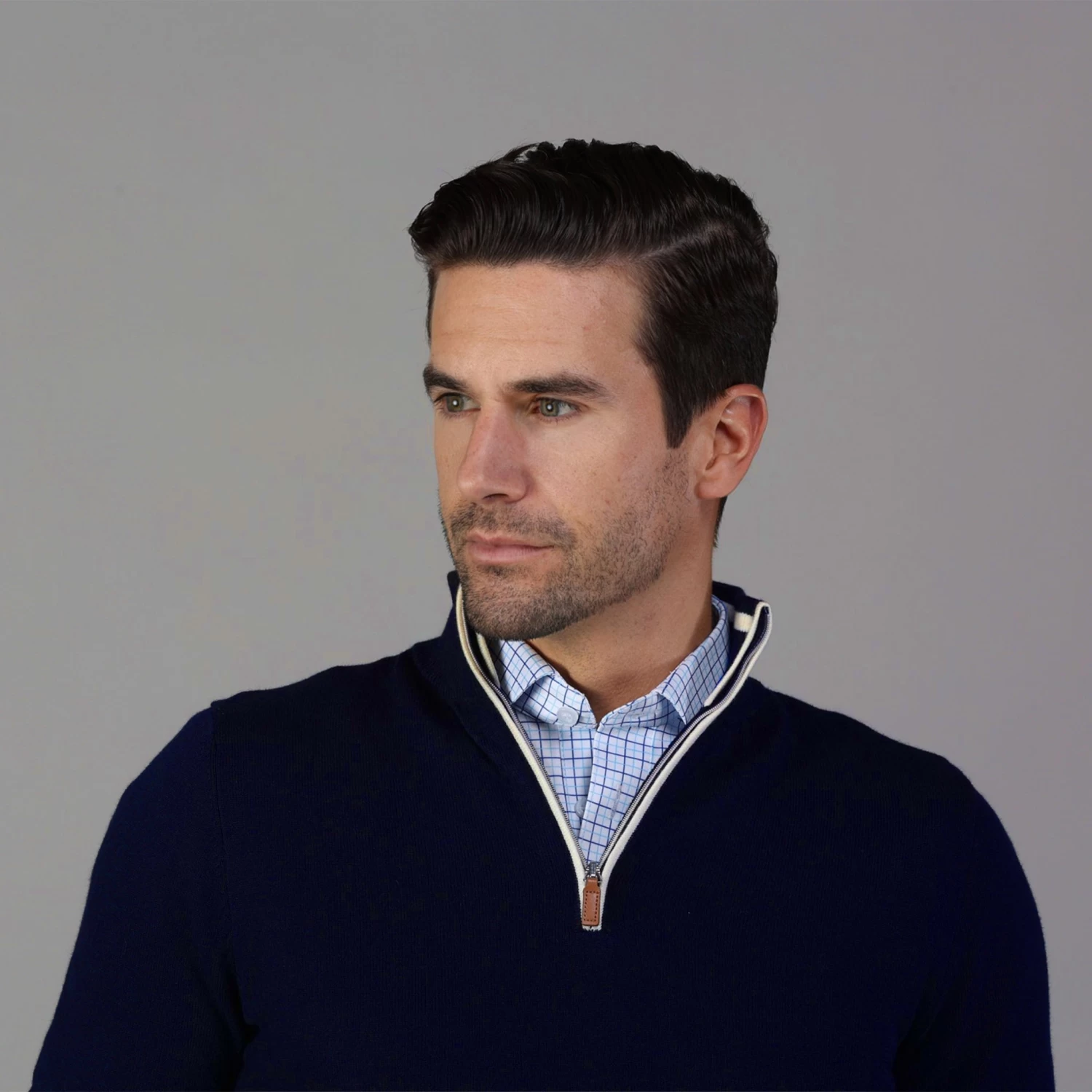 Navy With White Trim Luxury Touch Cotton And Cashmere Quarter Zip Sweater - Image 2