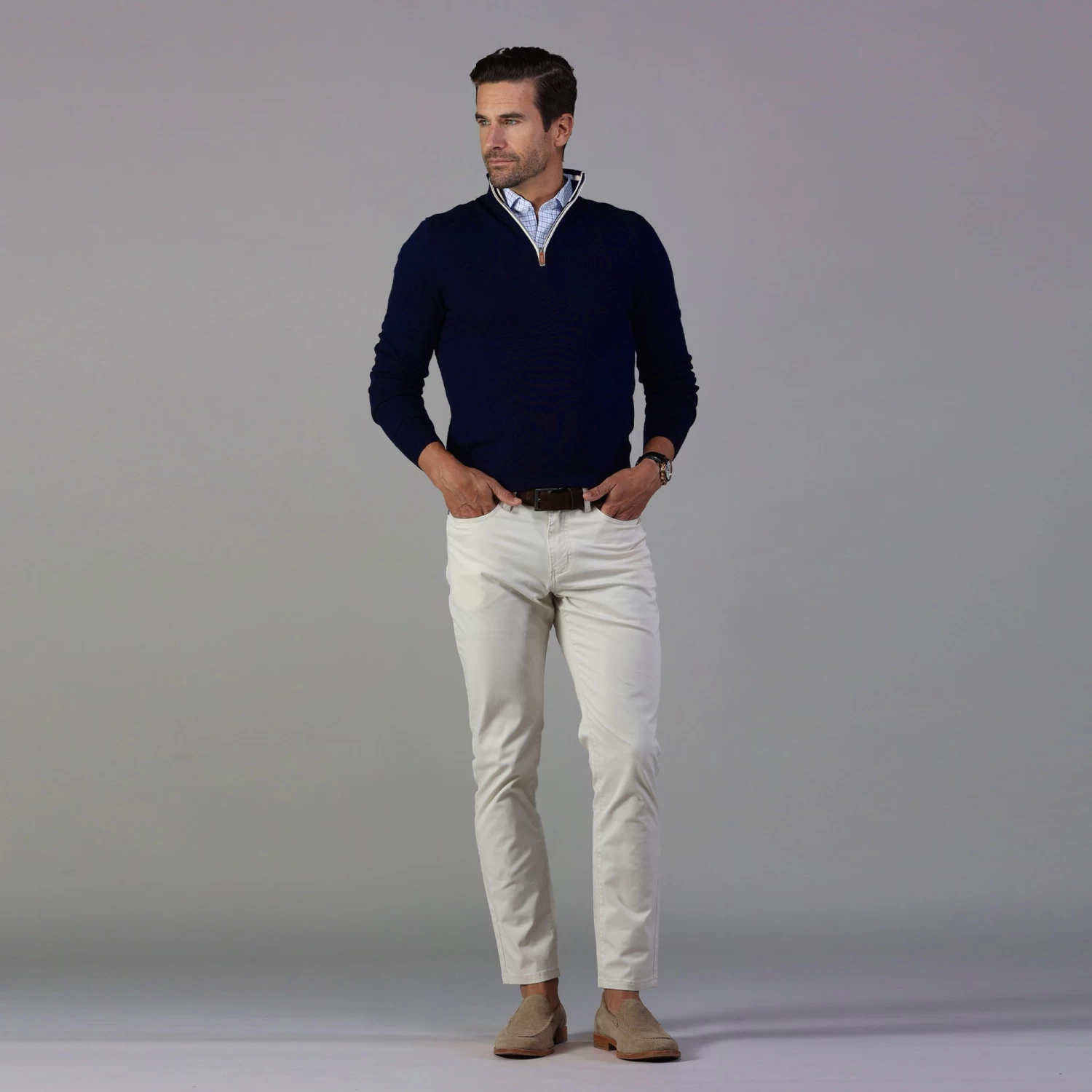 Navy With White Trim Luxury Touch Cotton And Cashmere Quarter Zip Sweater - Image 4