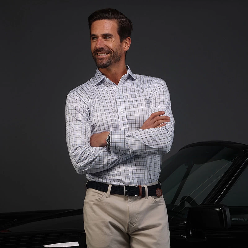 Quattro Flex Dress Shirt With Semi-Spread Collar Blue And Black Grid - Image 6