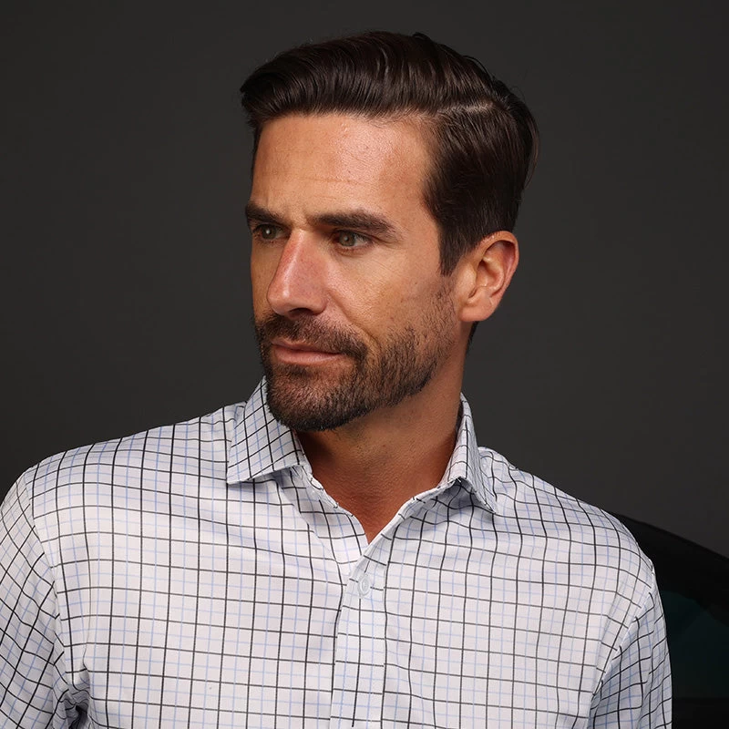 Quattro Flex Dress Shirt With Semi-Spread Collar Blue And Black Grid - Image 2
