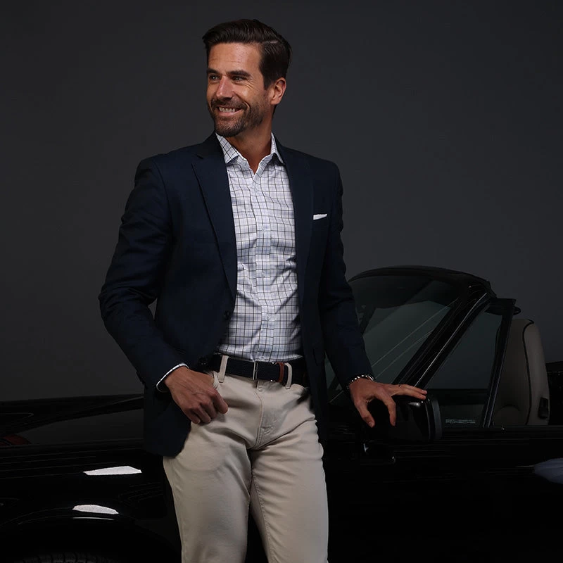 Quattro Flex Dress Shirt With Semi-Spread Collar Blue And Black Grid - Image 3