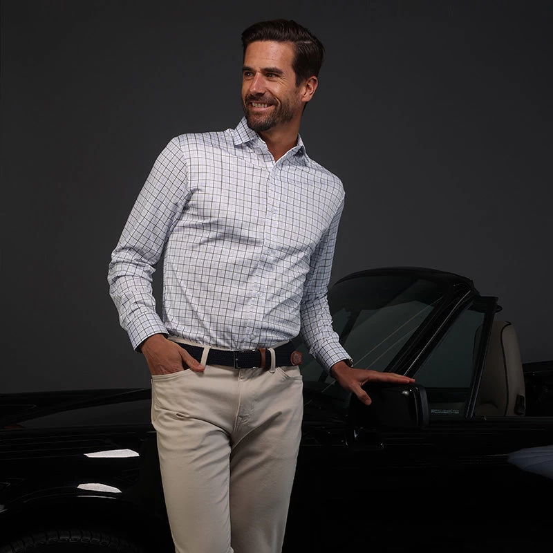 Quattro Flex Dress Shirt With Semi-Spread Collar Blue And Black Grid