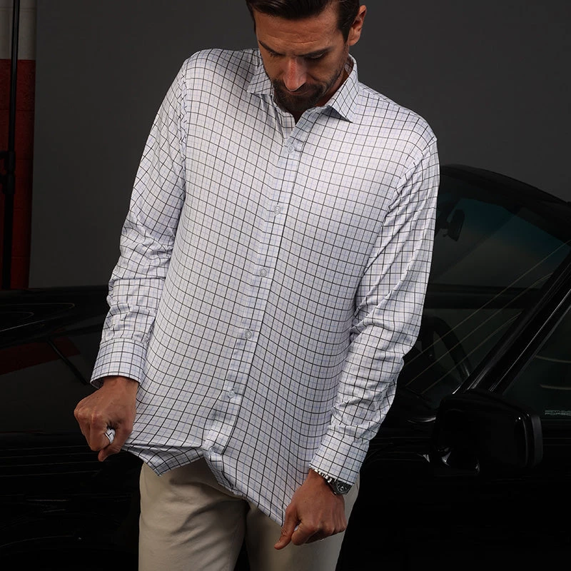 Quattro Flex Dress Shirt With Semi-Spread Collar Blue And Black Grid - Image 4