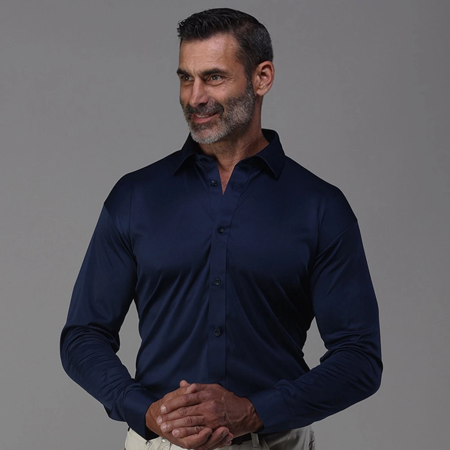 Quattro Flex Dress Shirt With Semi-Spread Collar Navy