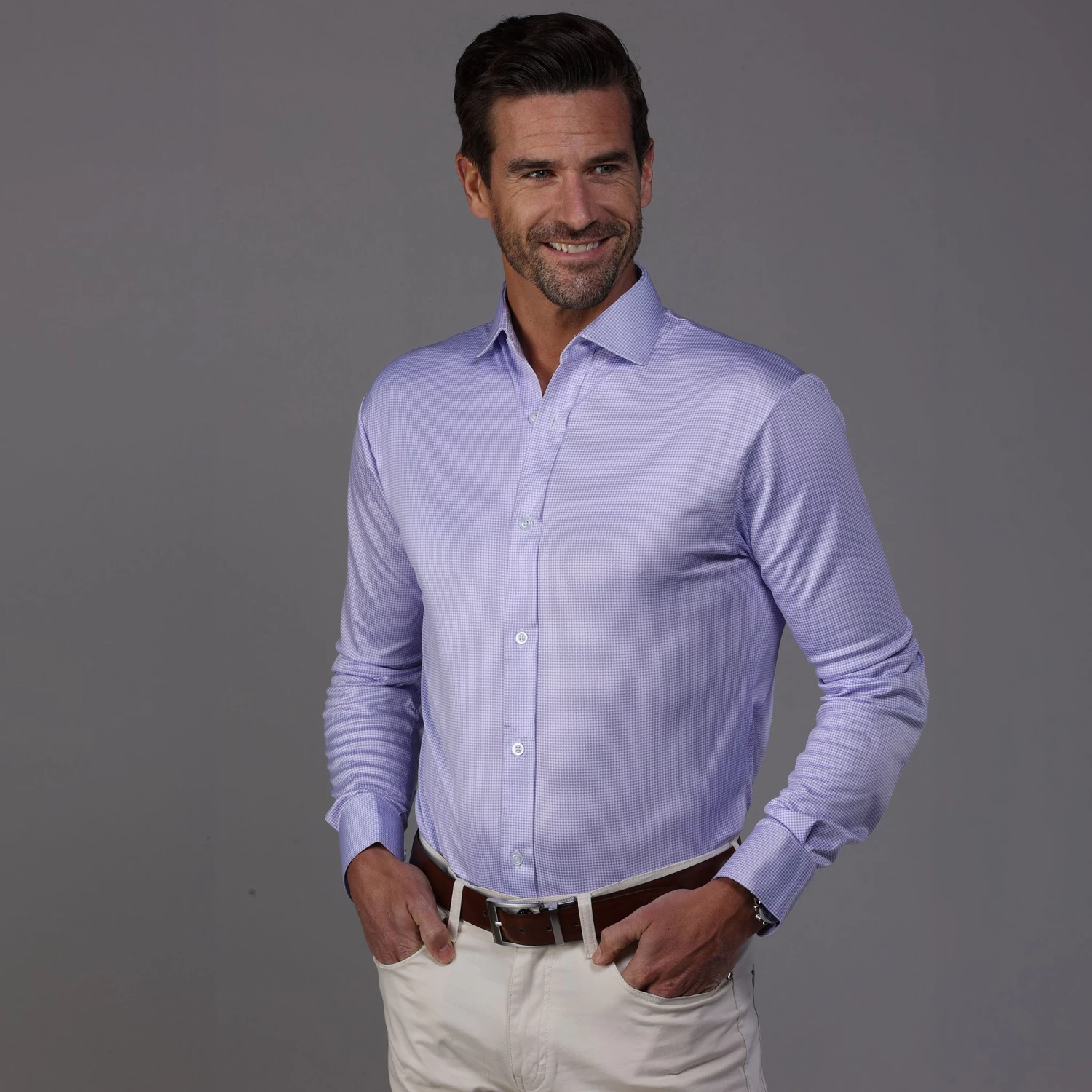 Quattro Flex Dress Shirt With Semi-Spread Collar Lavender Houndstooth