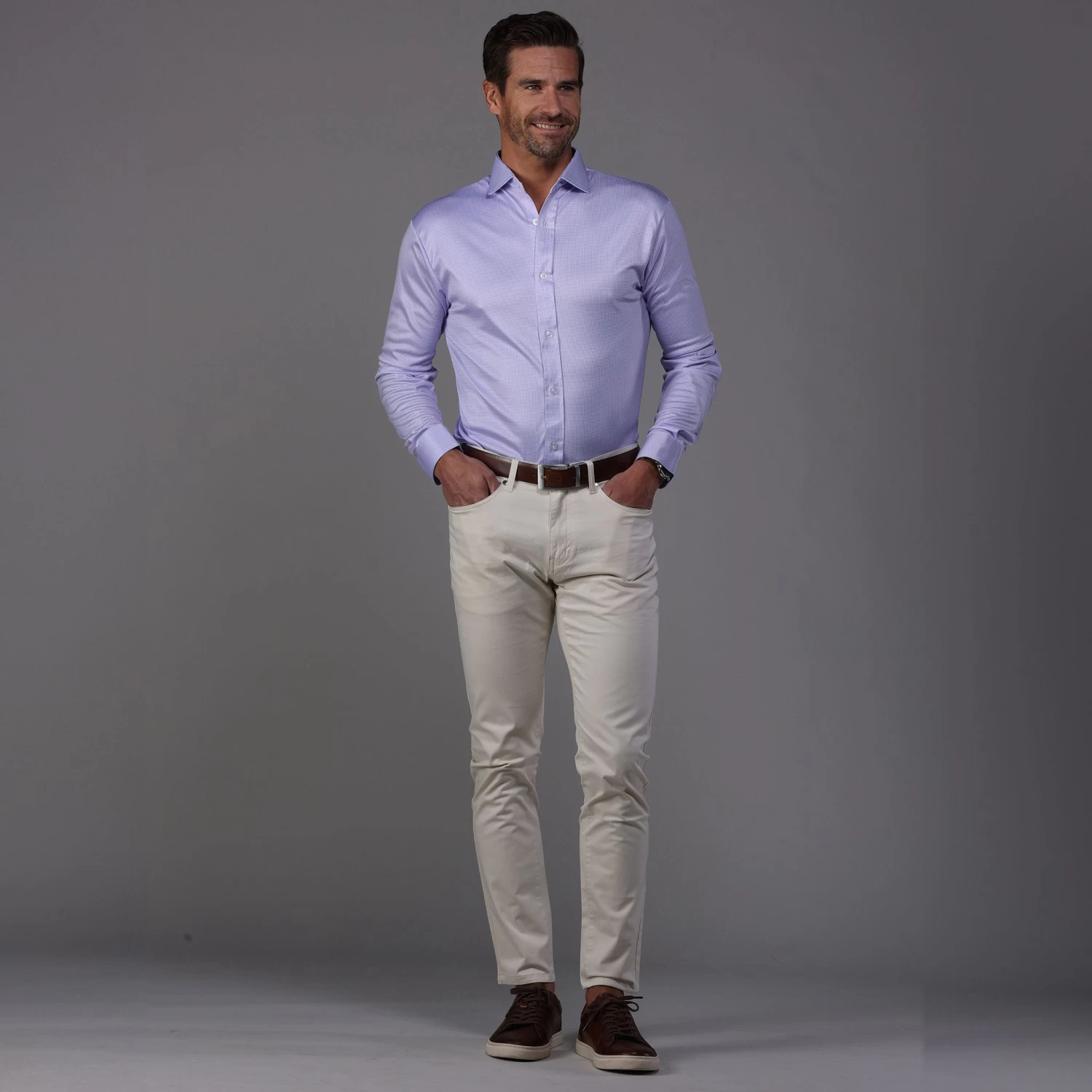 Quattro Flex Dress Shirt With Semi-Spread Collar Lavender Houndstooth - Image 4