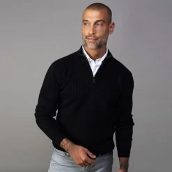 Sequoia Black Ribbed Cotton Quarter Zip Sweater
