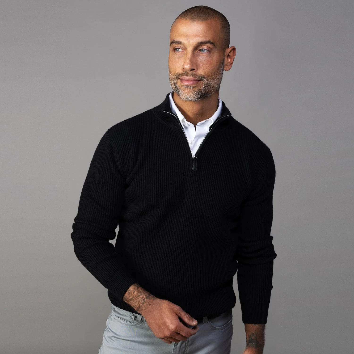 Sequoia Black Ribbed Cotton Quarter Zip Sweater