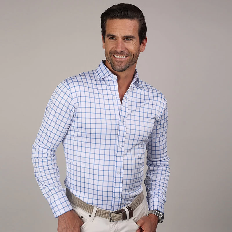 Quattro Flex Dress Shirt With Semi-Spread Collar Blue Grid Check