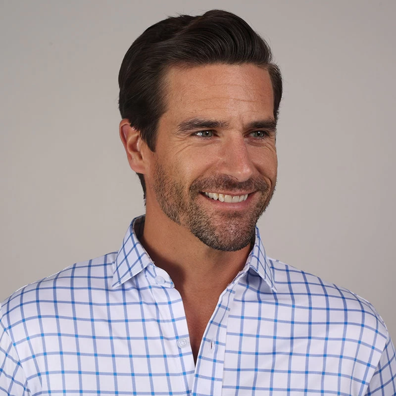 Quattro Flex Dress Shirt With Semi-Spread Collar Blue Grid Check - Image 2