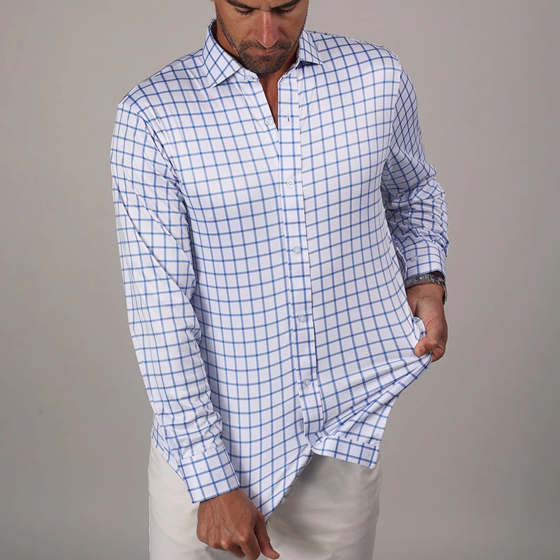Quattro Flex Dress Shirt With Semi-Spread Collar Blue Grid Check - Image 6