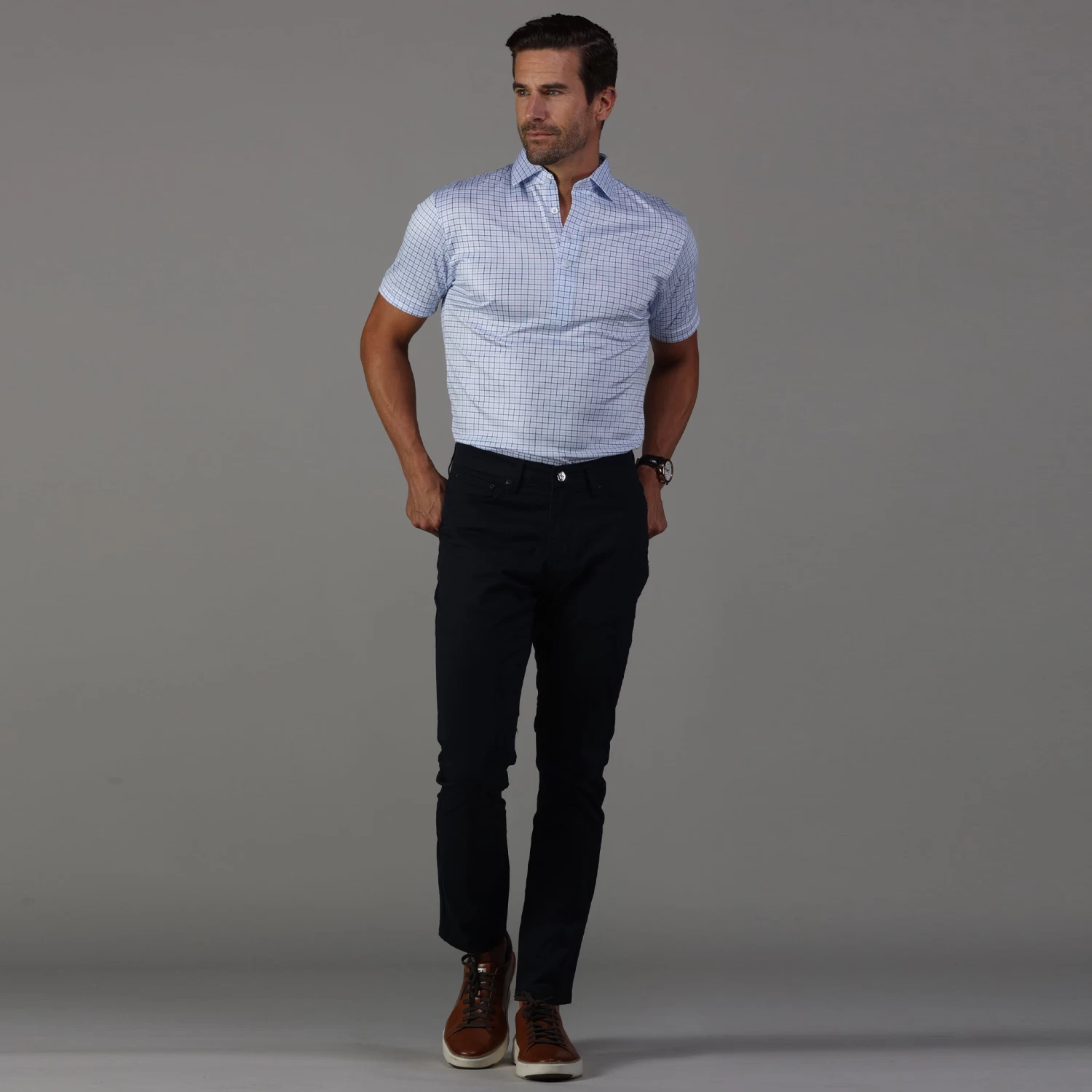 Semi-Spread Collar Polo Broad St. Light Blue Tattersall - Image 4