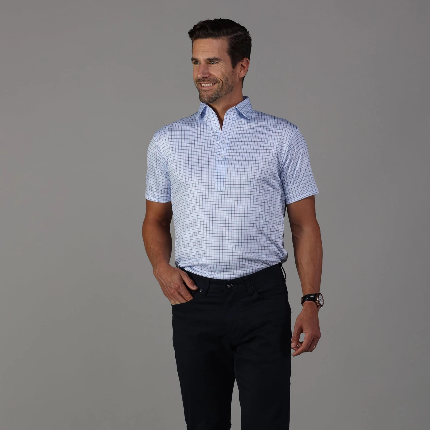 Semi-Spread Collar Polo Broad St. Light Blue Tattersall - Image 3