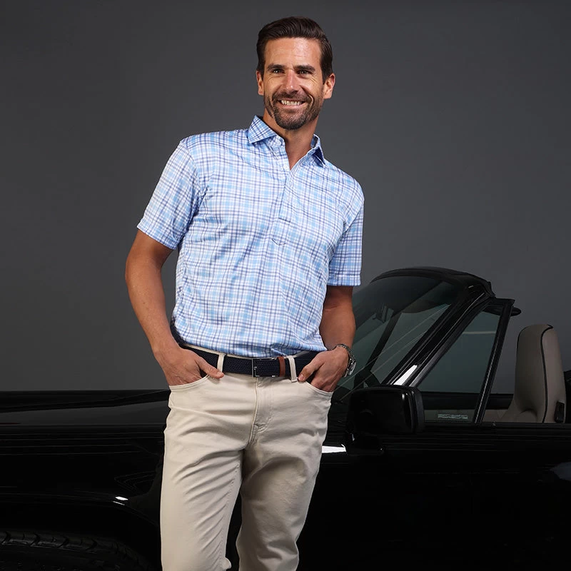 Semi-Spread Collar Polo Sea Island Blue And Purple Plaid - Image 4