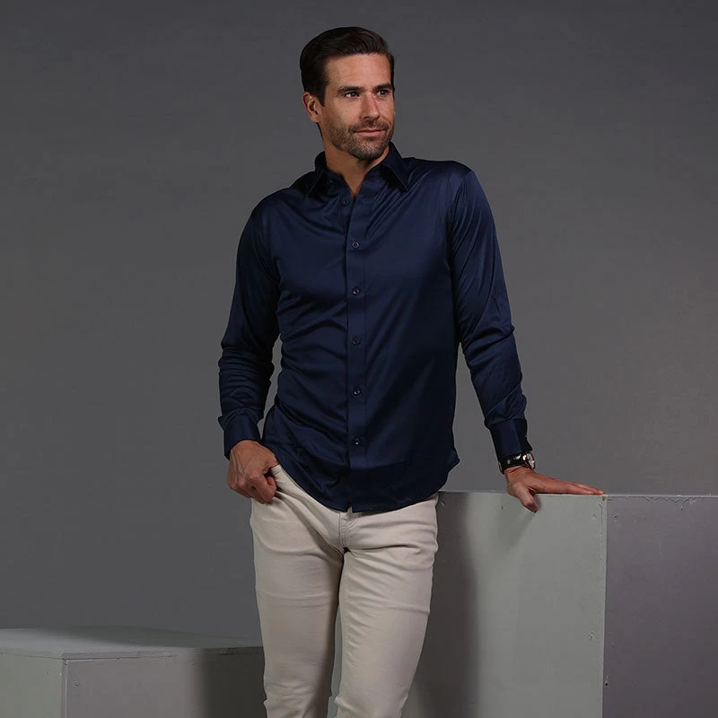 Quattro Flex Dress Shirt With English Spread Collar Navy - Image 4