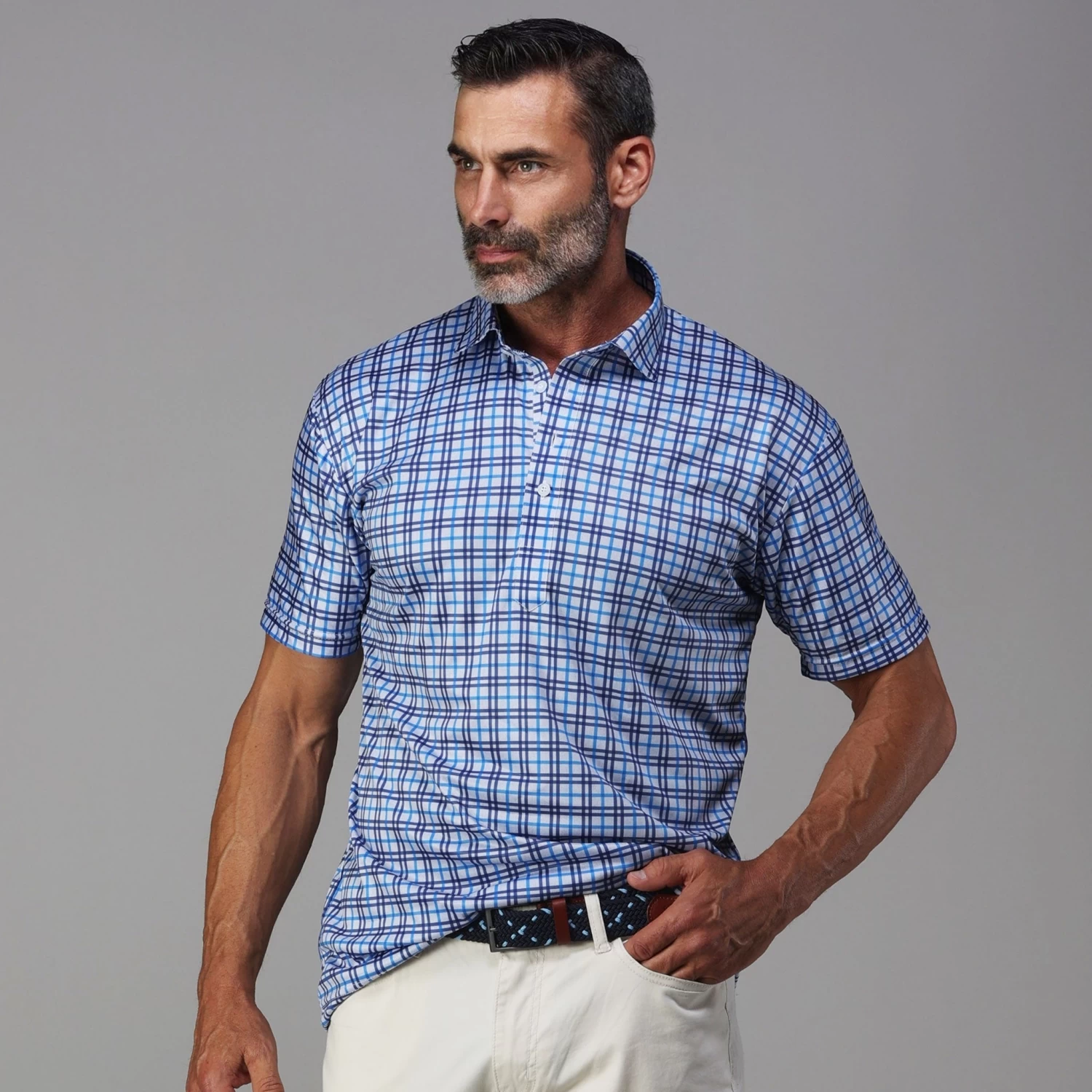 Semi-Spread Collar Polo Westchester Grey And Blue Check