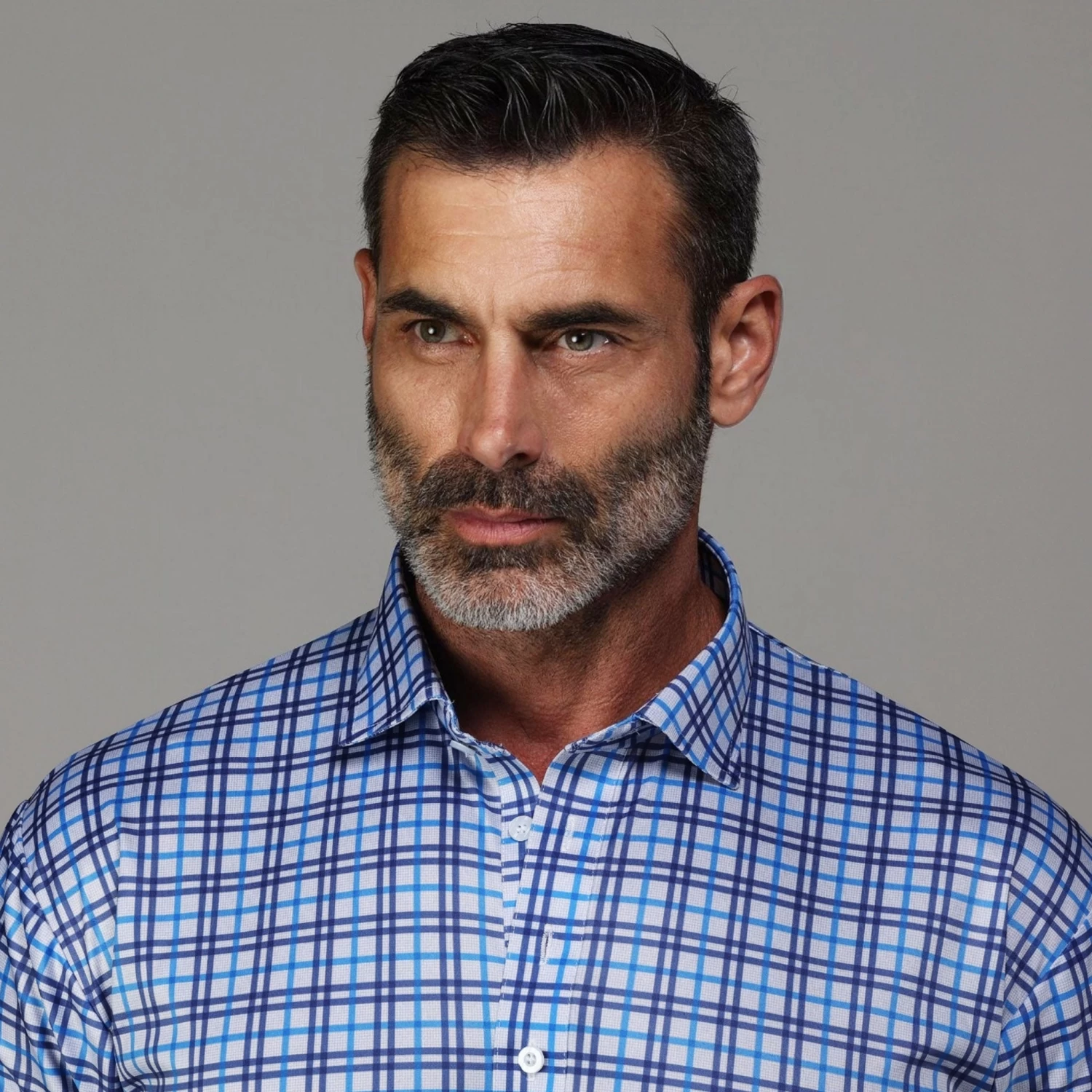 Semi-Spread Collar Polo Westchester Grey And Blue Check - Image 2