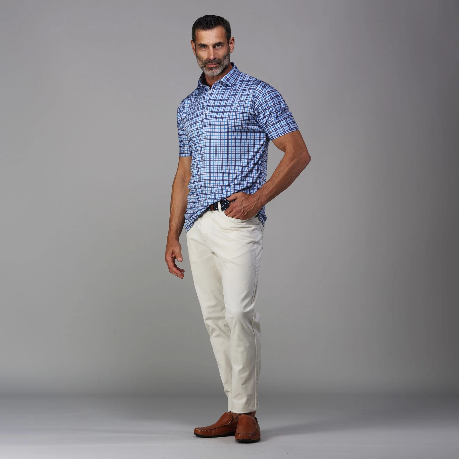 Semi-Spread Collar Polo Westchester Grey And Blue Check - Image 5