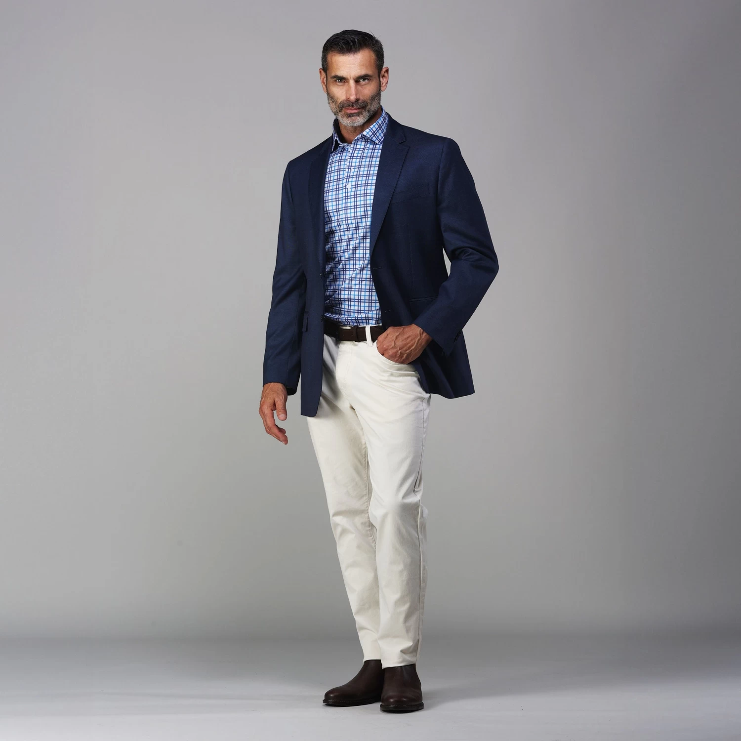 Semi-Spread Collar Polo Westchester Grey And Blue Check - Image 3