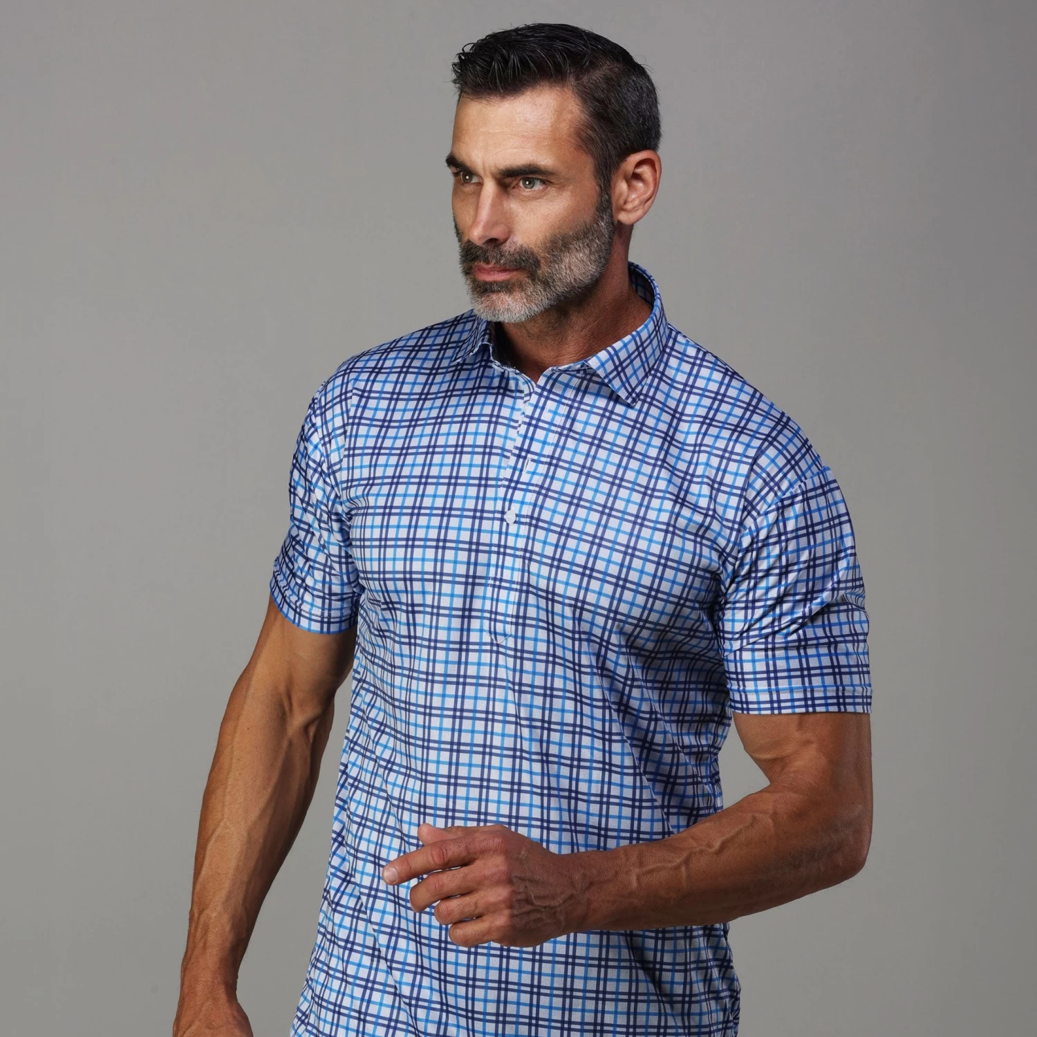 Semi-Spread Collar Polo Westchester Grey And Blue Check - Image 4