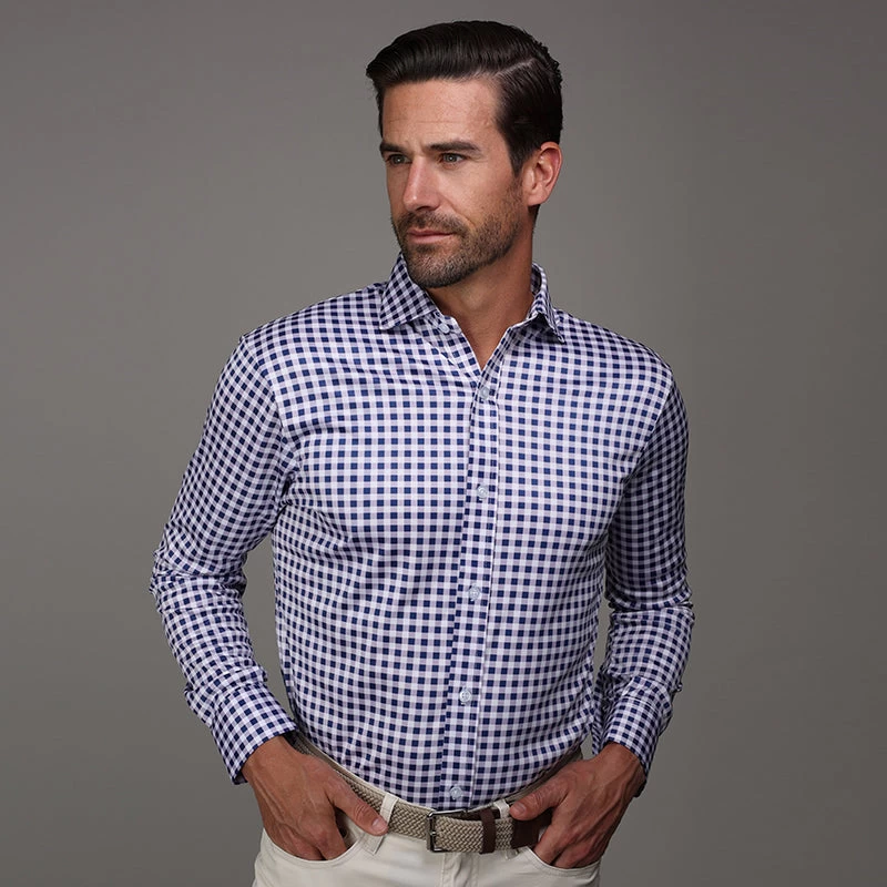 Quattro Flex Dress Shirt With Semi-Spread Collar Navy Gingham