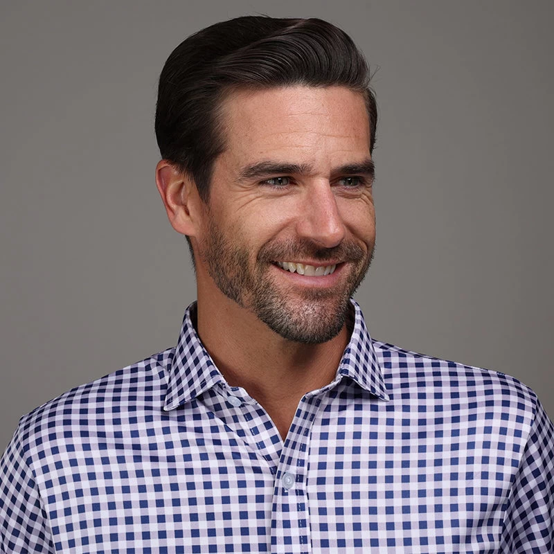 Quattro Flex Dress Shirt With Semi-Spread Collar Navy Gingham - Image 2