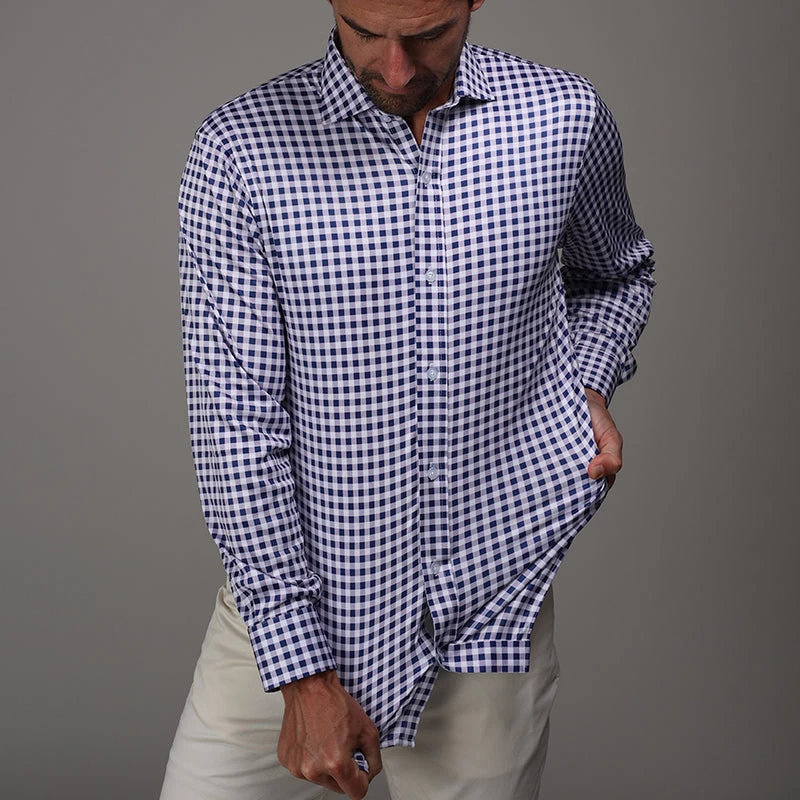 Quattro Flex Dress Shirt With Semi-Spread Collar Navy Gingham - Image 7