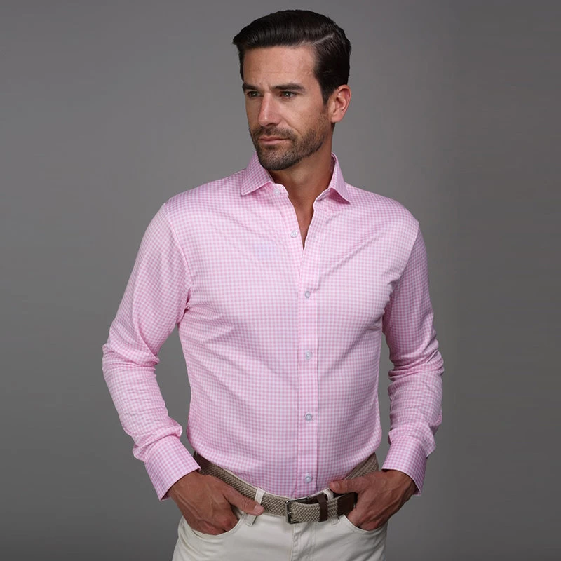 Quattro Flex Dress Shirt With Semi-Spread Collar Pink Gingham