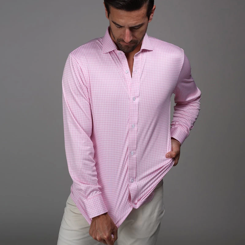 Quattro Flex Dress Shirt With Semi-Spread Collar Pink Gingham - Image 5