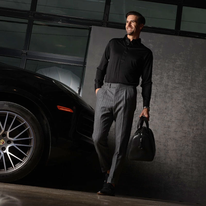 Semi-Spread Collar Polo Long Sleeve Black - Image 8