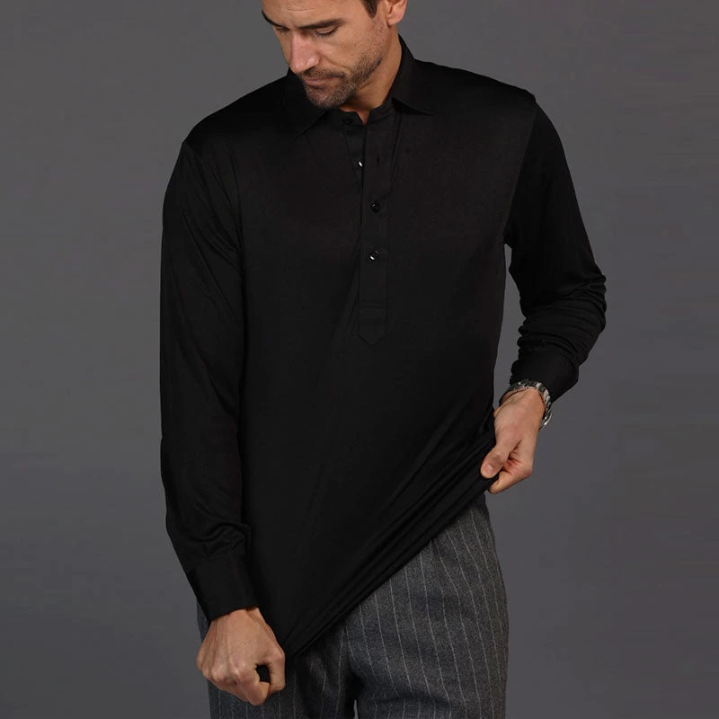 Semi-Spread Collar Polo Long Sleeve Black - Image 6