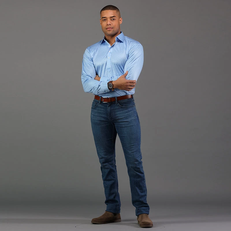 Semi-Spread Collar Polo Light Blue Micro Gingham - Image 3